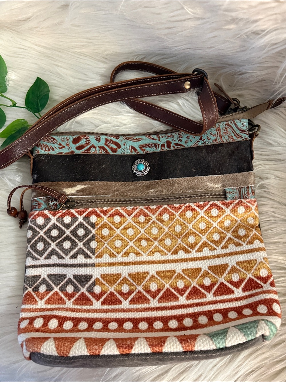 Myra Boho Patterned Crossbody Bag in Brown, Rust & Turquoise